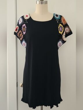 Umgee Black Midi Dress with Multicolor Crochet Cap Sleeves